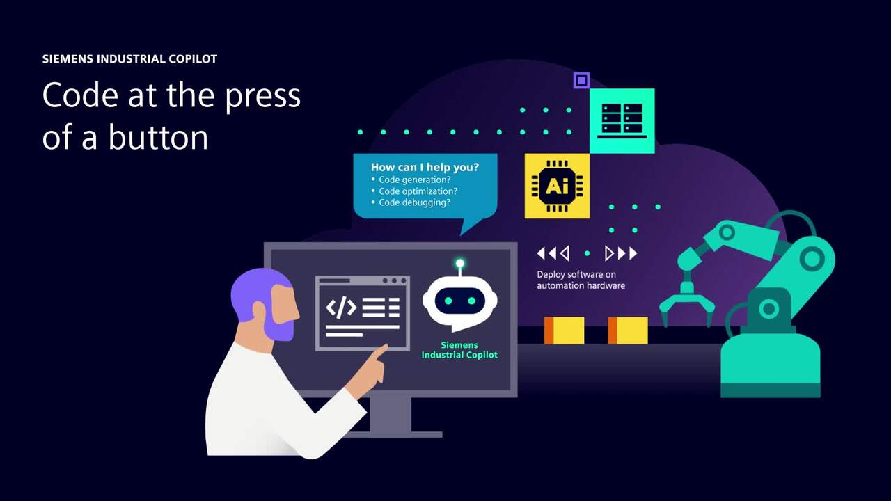 Illustration Siemens Industrial Copilot montrant un opérateur devant un écran, un assistant IA générant du code et un bras robotisé symbolisant l’automatisation industrielle.